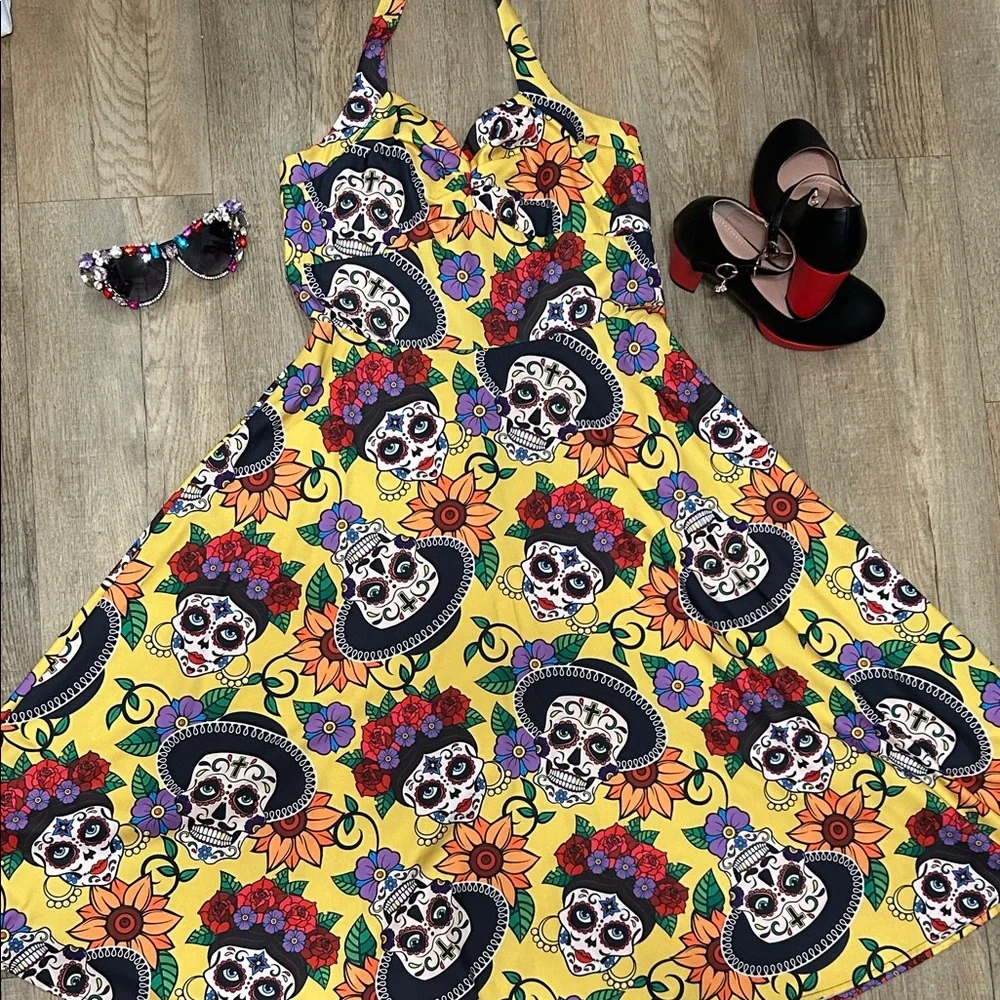 Colorful Skull Print Swing Dress - Picture 1 of 9